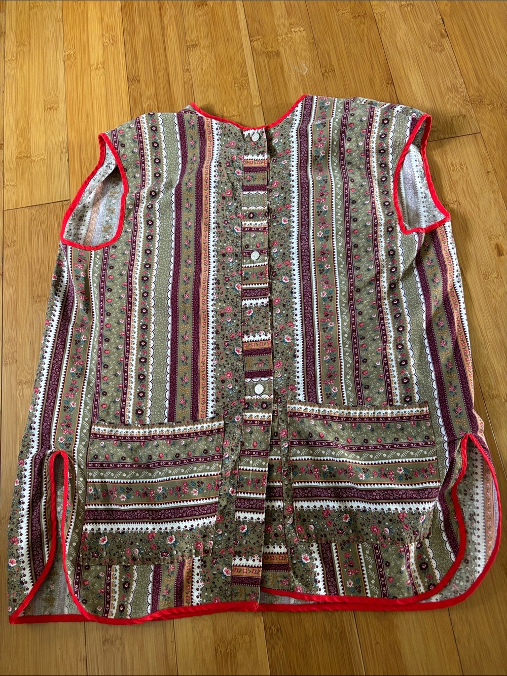 Olive Green Floral Stripe Kitchen Apron with Red Trim